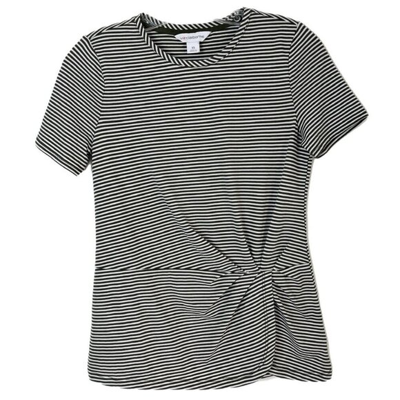 Liz Claiborne Women's Faux Wrap T-Shirt XS Green Striped Ruched Short Sleeve Top - Picture 1 of 7